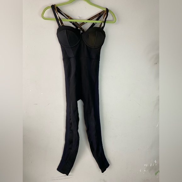 Adidas x Ivy Park Black Knit Jumpsuit XS Ribbed Corset Catsuit Logo Straps - Picture 3 of 11